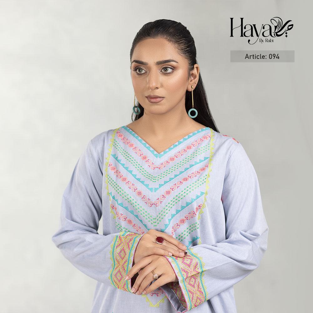 Sky Blue Cotton Kurti With Embroidered Yoke & Puffy Sleeves