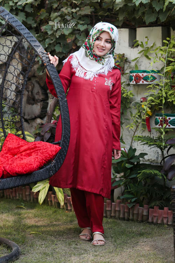 2 Pc Raw Silk Maroon