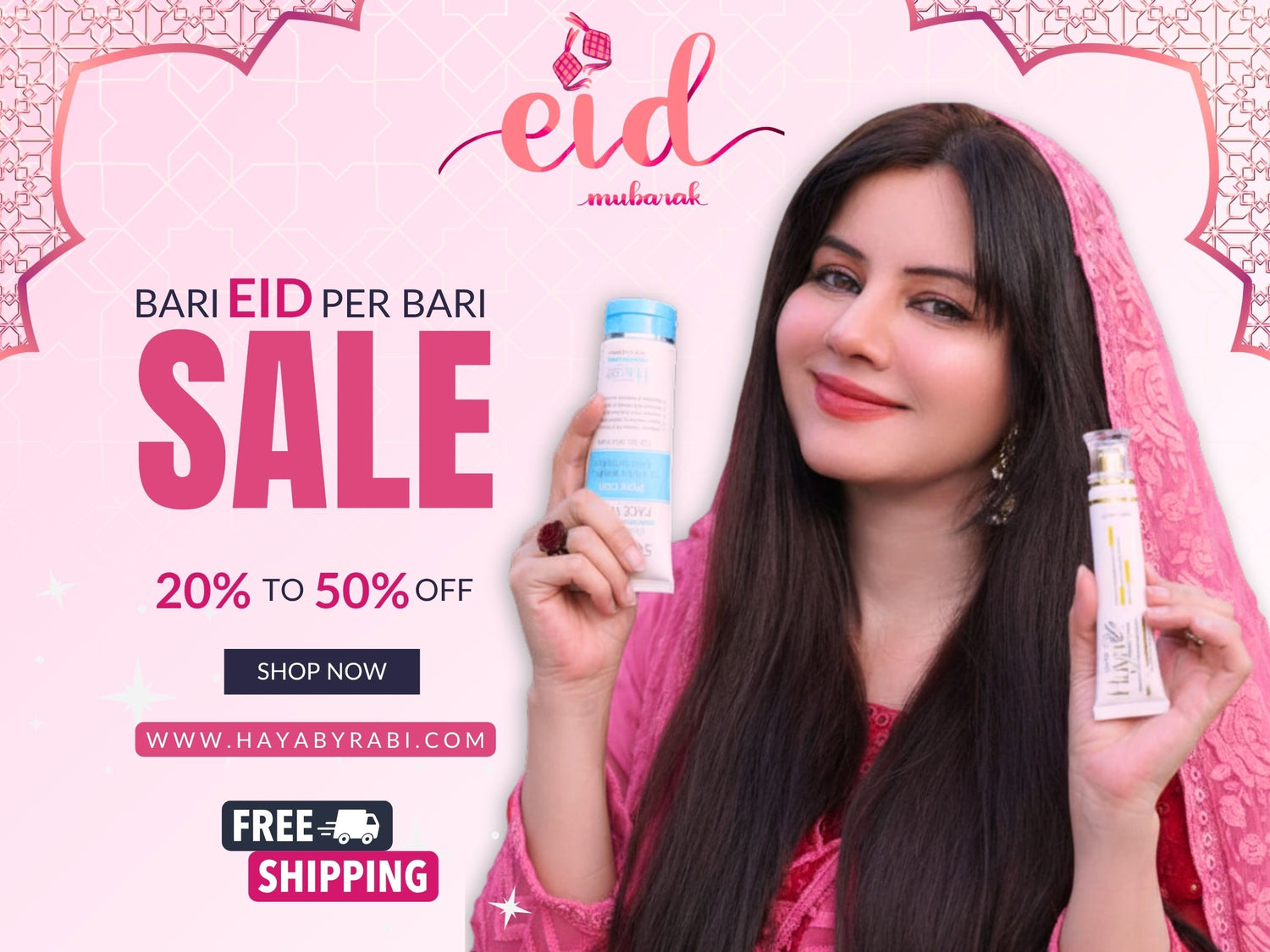 Eid promotional banner haya by rabi skincare products.