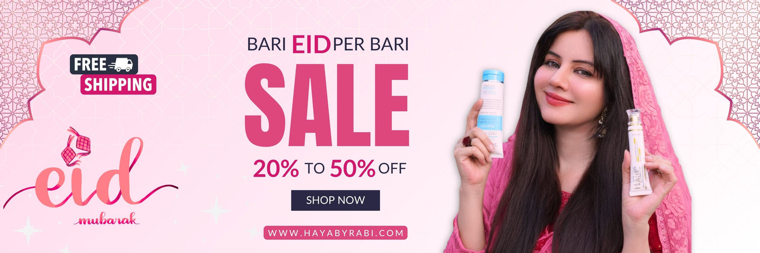Eid promotional banner haya by rabi skincare products with rabi pirzada