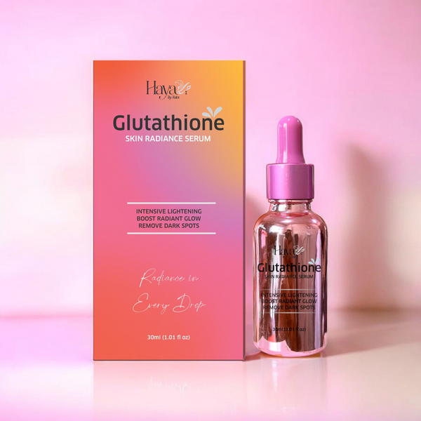 Glutathione skin whitening serum with packaging on a pink background