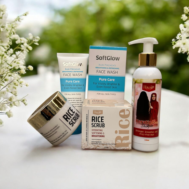Glow bundle with SoftGlow Face Wash Rice Scrub and Biotin Keratin Shampoo