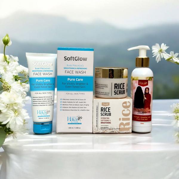 Haya by Rabi Face Wash Rice Scrub and Biotin Keratin Shampoo Bundle