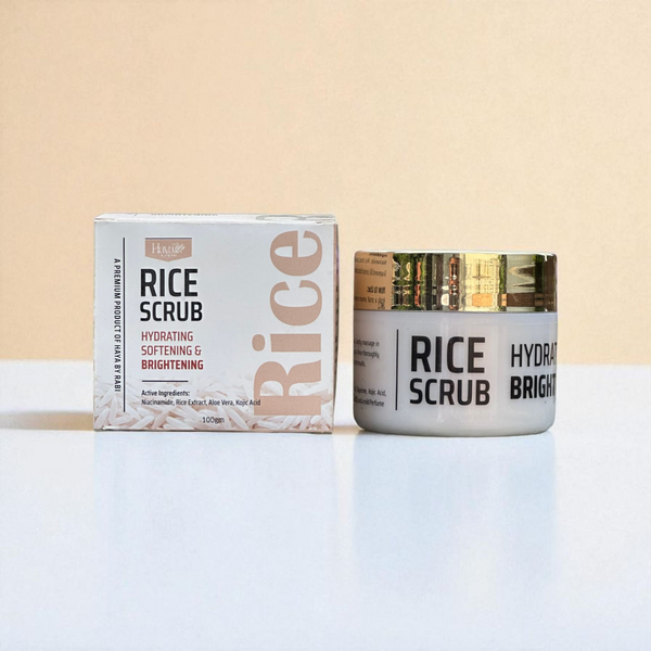 Haya by Rabi Rice Scrub jar and box packaging – Hydrating, Softening & Brightening